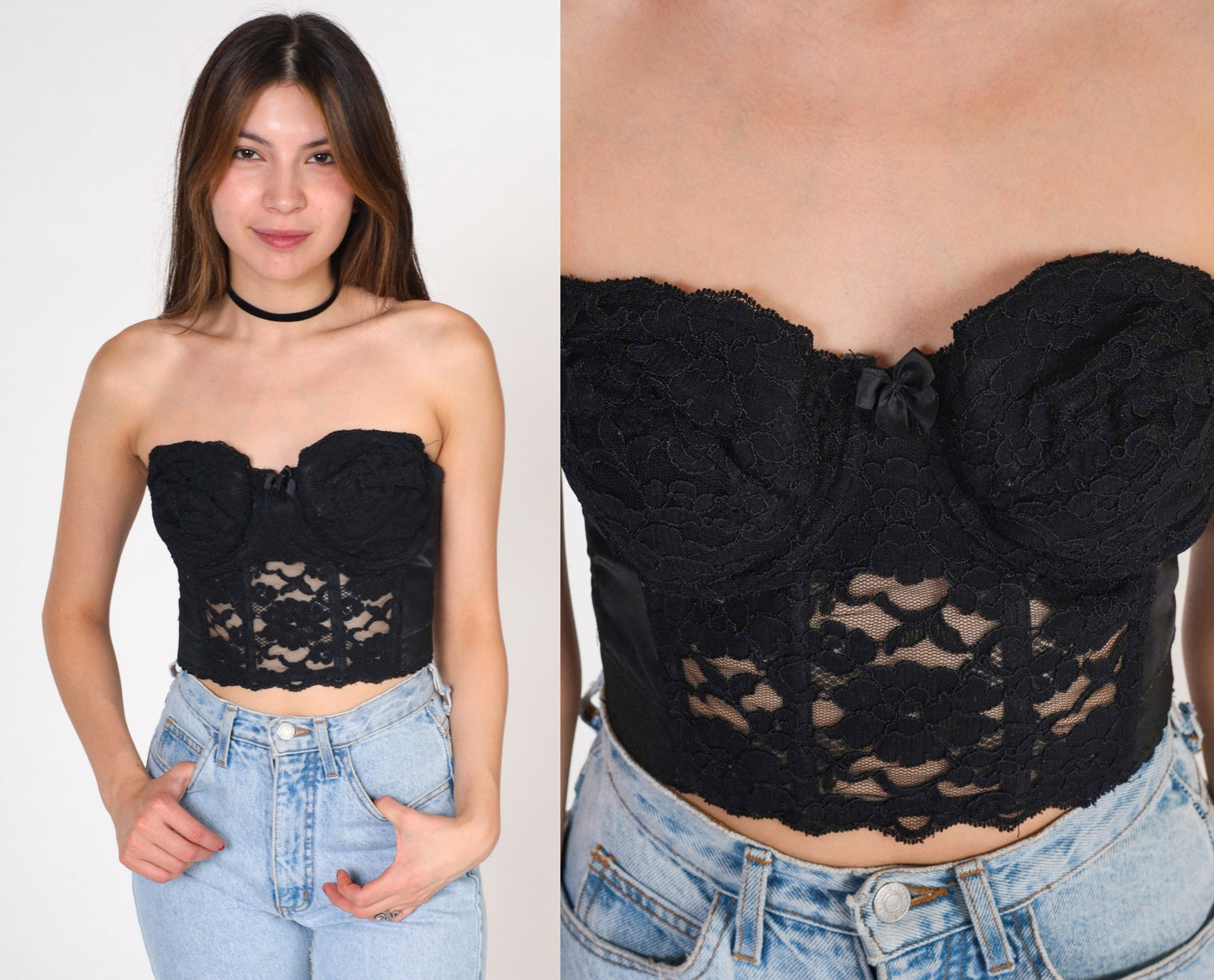 90s Victoria's Secret Black Lace Bustier Sweetheart Neckline Underwire 36B