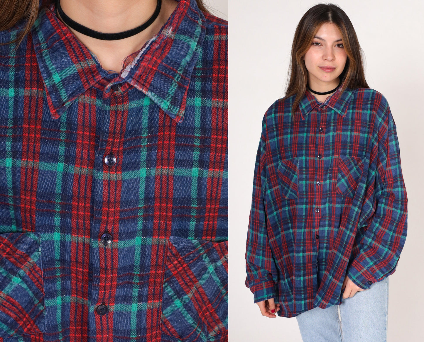 90s Saugatuck Dry Goods Flannel Shirt Blue Red Plaid Cotton Button Up Extra Extra Large XXL
