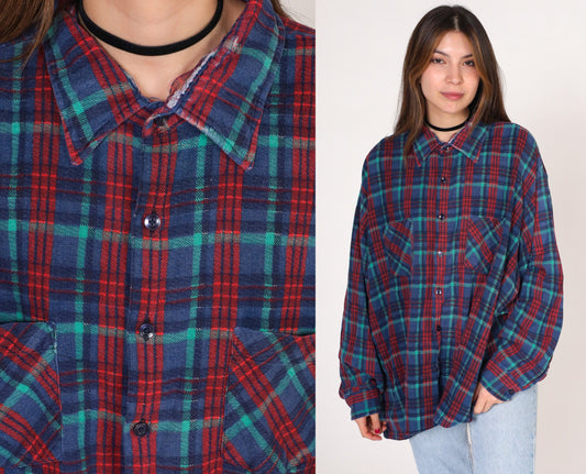 90s Saugatuck Dry Goods Flannel Shirt Blue Red Plaid Cotton Button Up Extra Extra Large XXL
