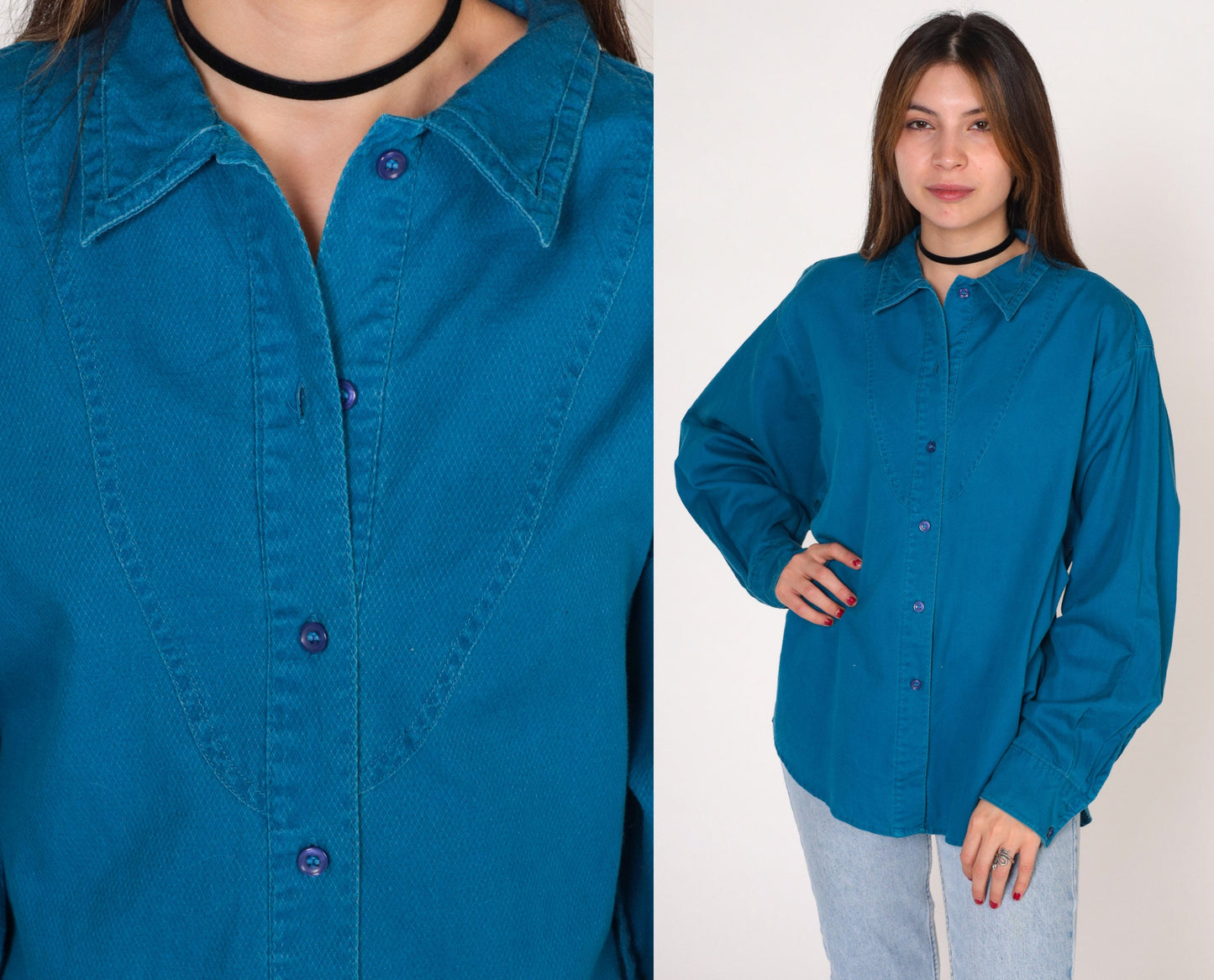 90s Wrangler Blue Western Blouse Lace-Up Back Button-Up Long Sleeve Medium