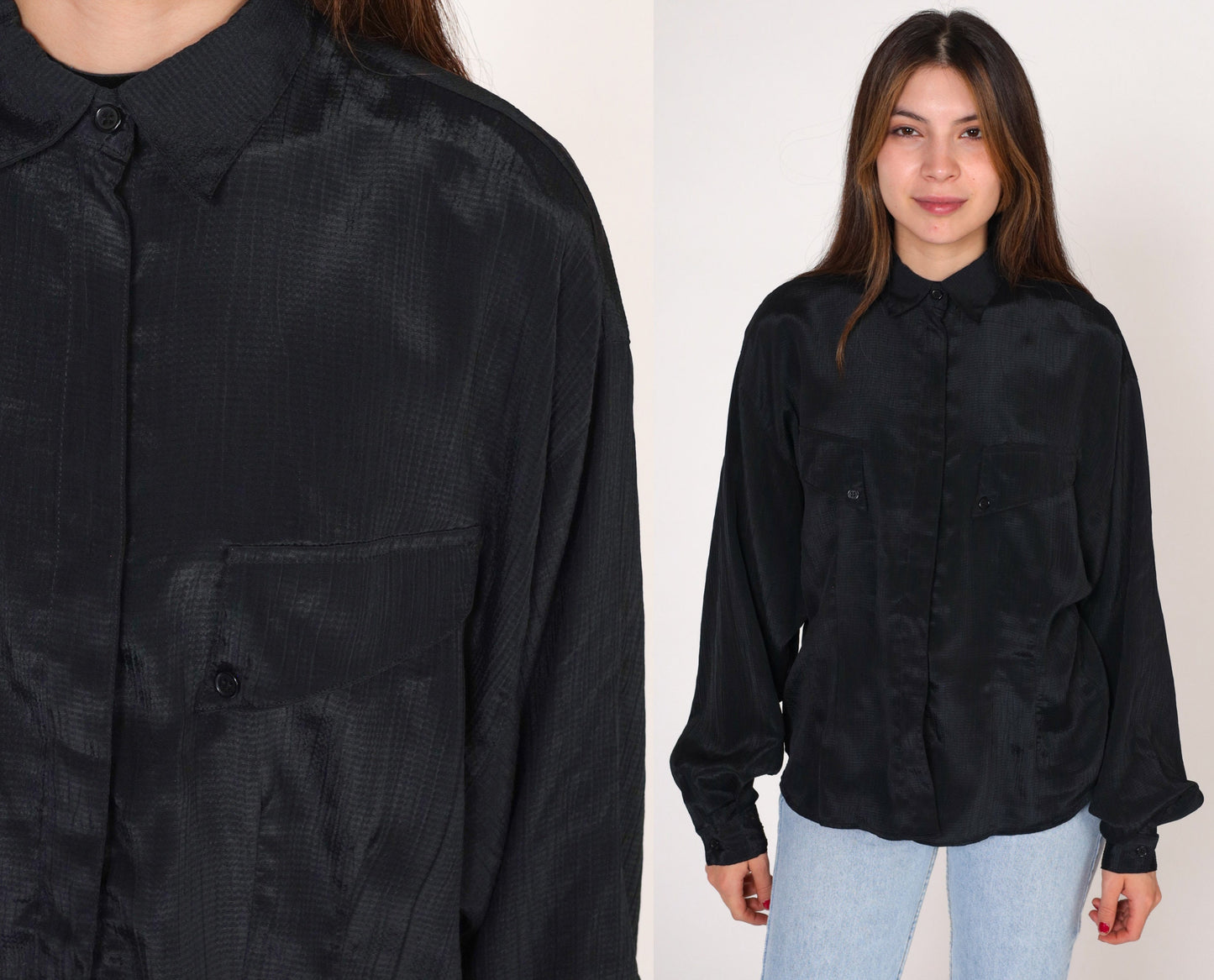 90s Forenza Black Button-Up Blouse Shiny Striped Long Sleeve Collared Medium