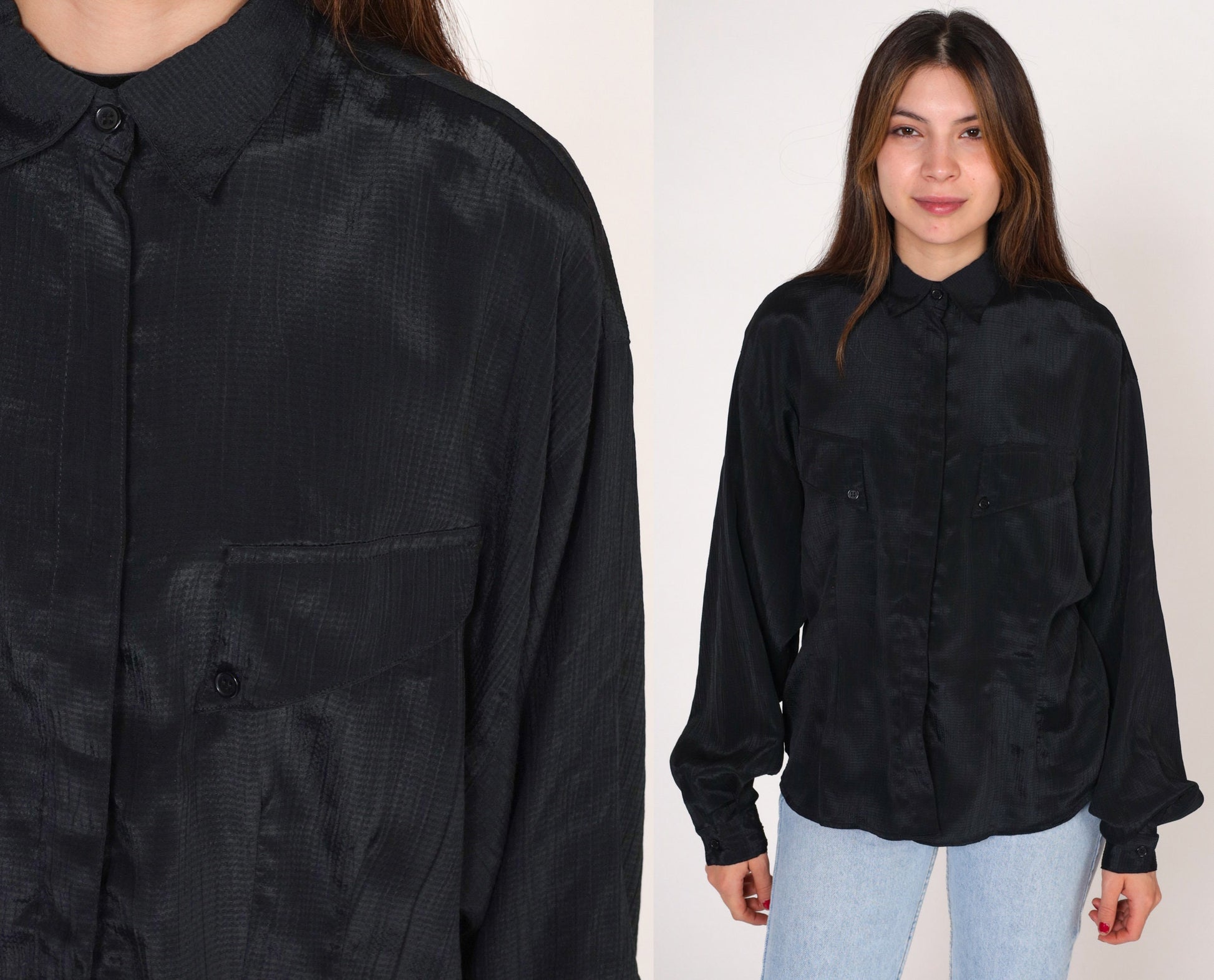 90s Forenza Black Button-Up Blouse Shiny Striped Long Sleeve Collared Medium
