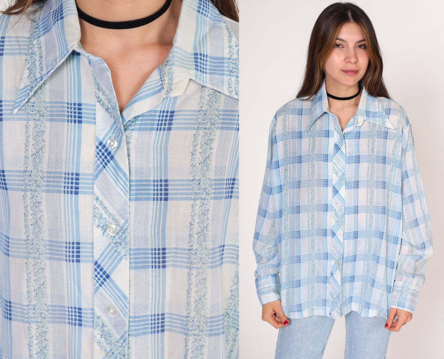 70s Checkered Floral Button-Up Blouse White Blue Plaid Long Sleeve Large L