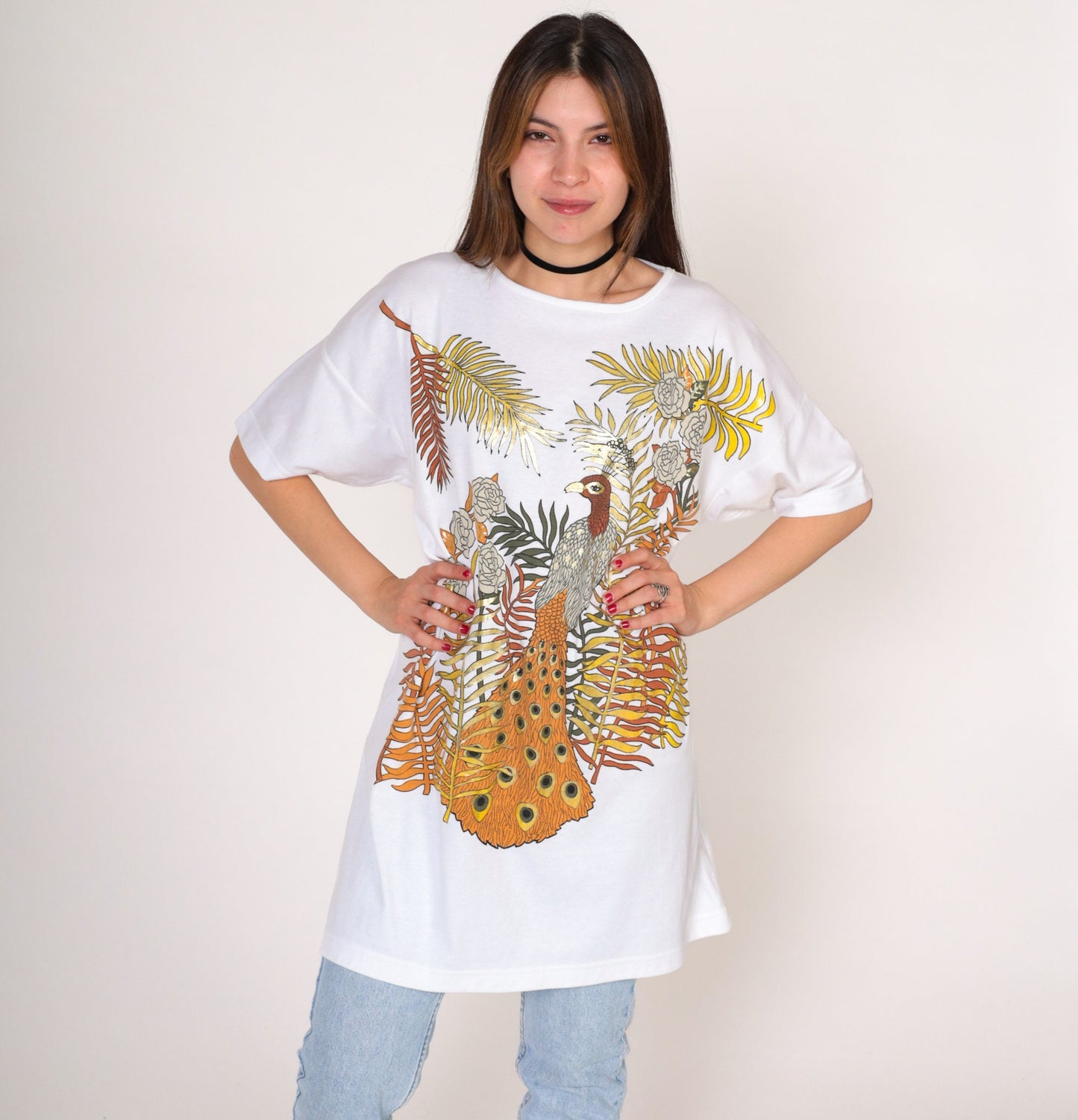 90s Peacock Metallic Gold Graphic T-Shirt Dress White Large L