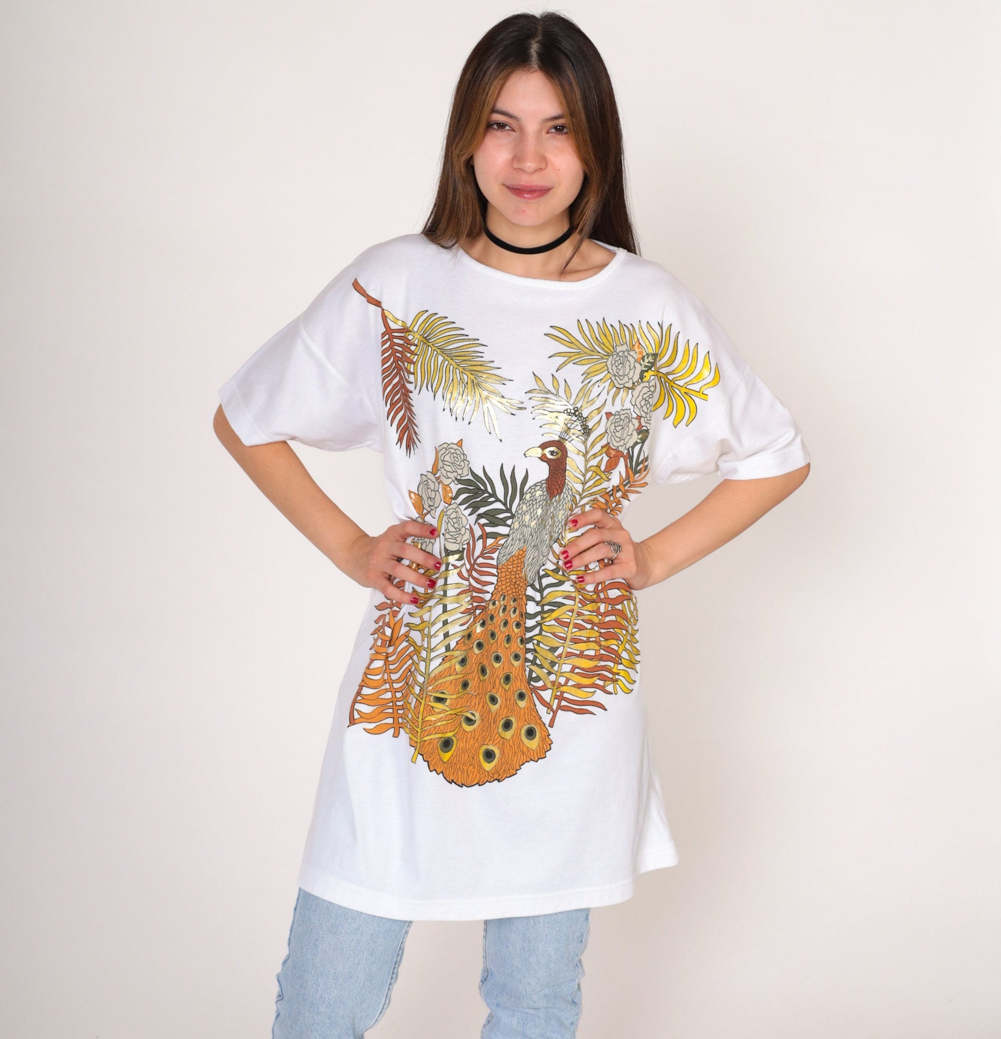 90s Peacock Metallic Gold Graphic T-Shirt Dress White Large L
