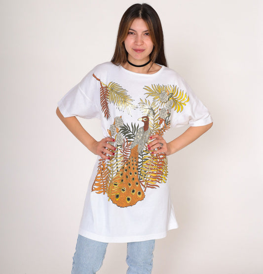 90s Peacock Metallic Gold Graphic T-Shirt Dress White Large L