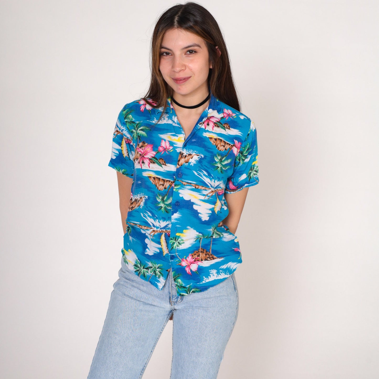 90s Blue Tropical Hawaiian Shirt Button-Up Blouse Floral Print Extra Small