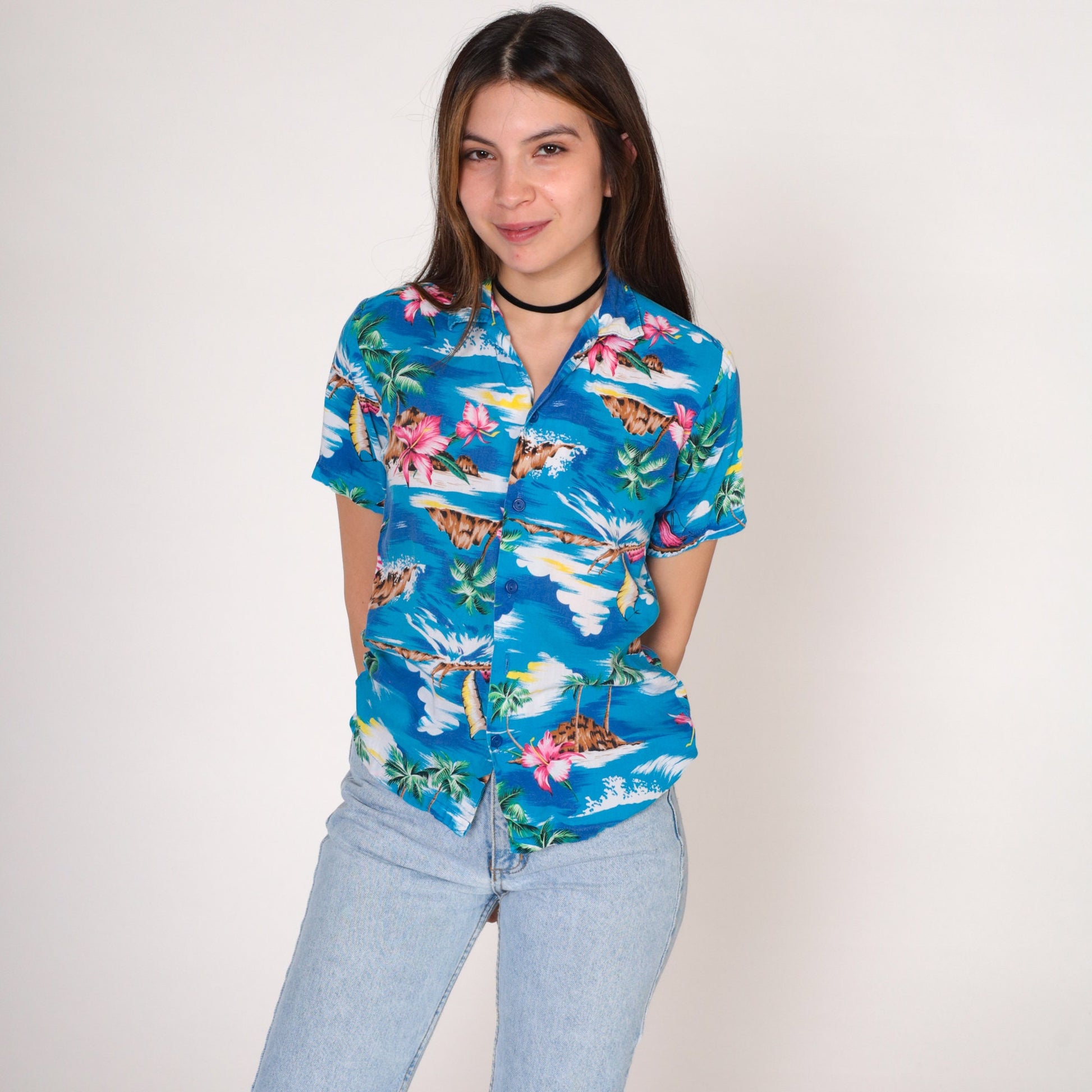 90s Blue Tropical Hawaiian Shirt Button-Up Blouse Floral Print Extra Small