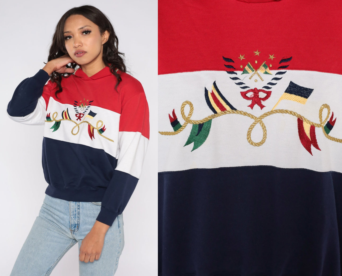 90s Nautical Flag Sweatshirt Alfred Dunner Striped Collared Pullover Small S