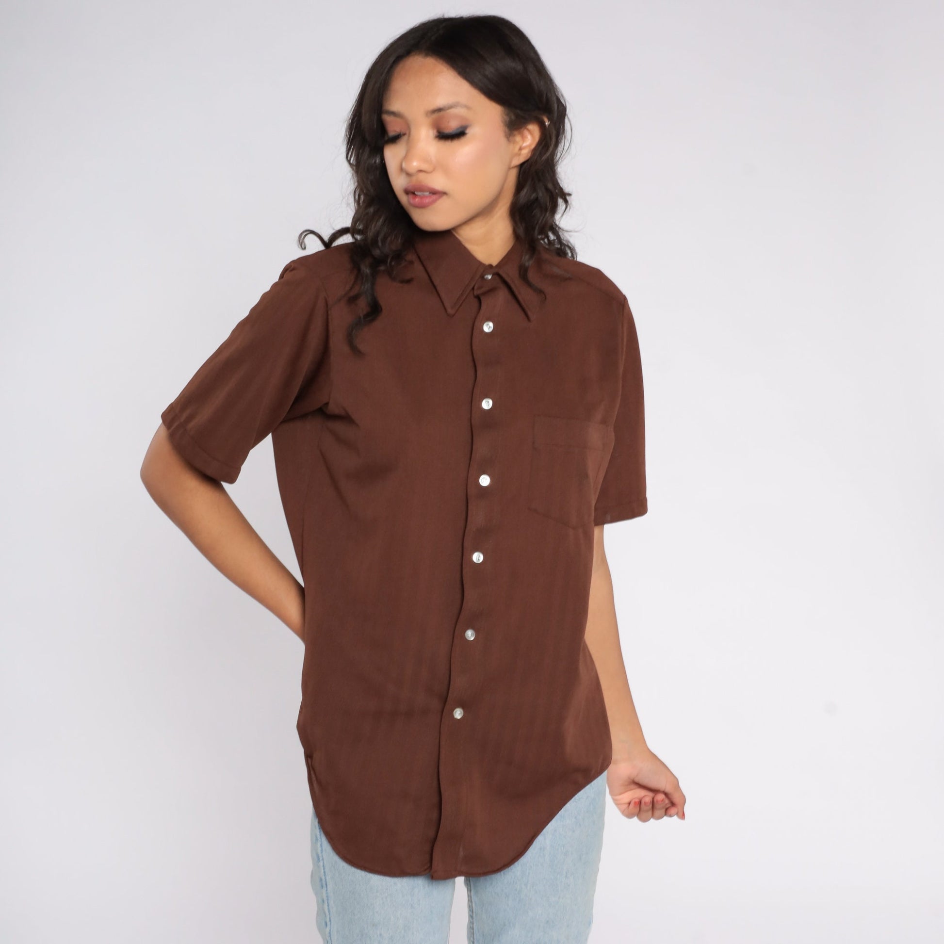 70s Di Lorenzo Brown Striped Button Up Shirt Short Sleeve Men's Medium