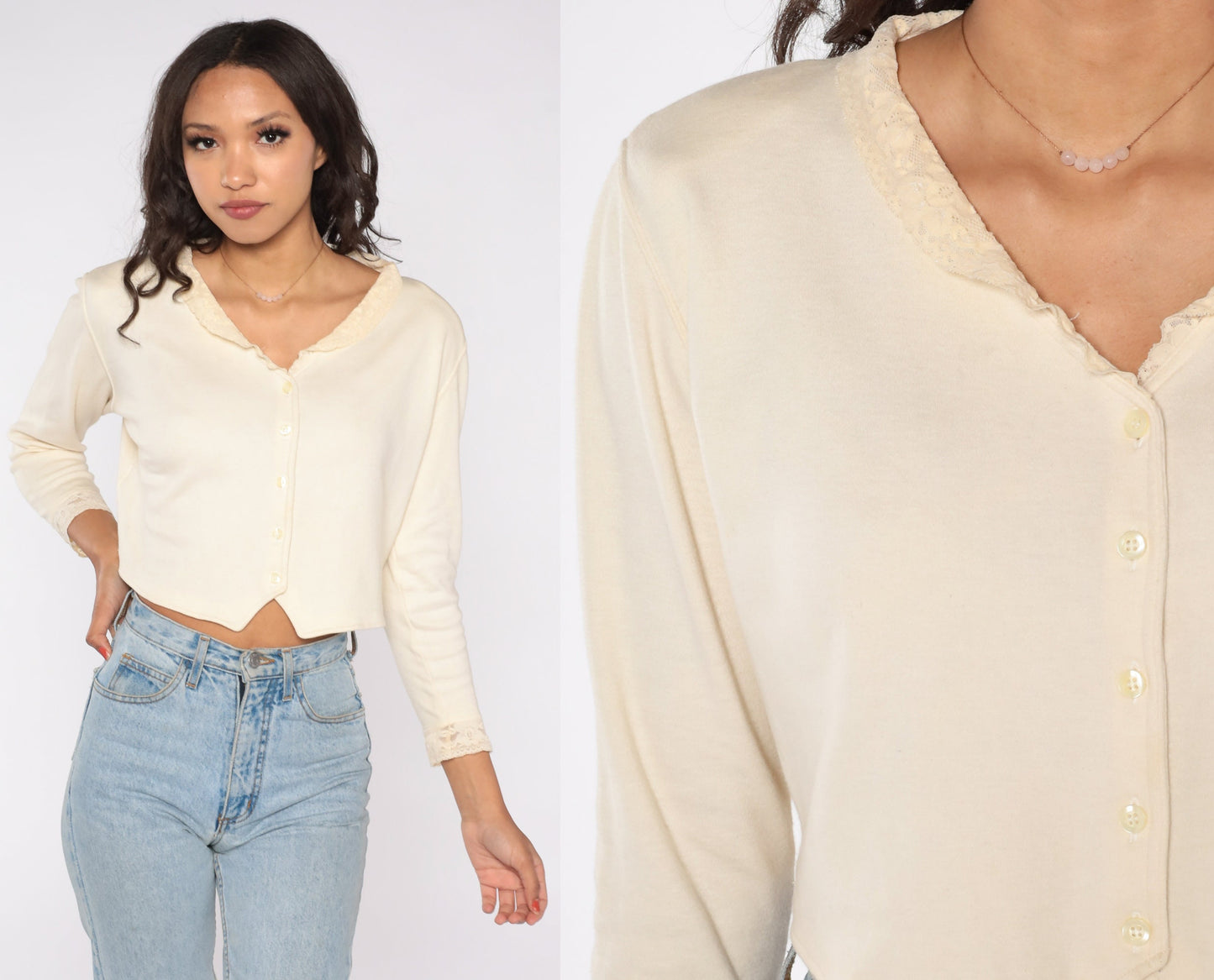 90s Cream Lace Trim Cropped Blouse Button Up Long Sleeve Small Medium