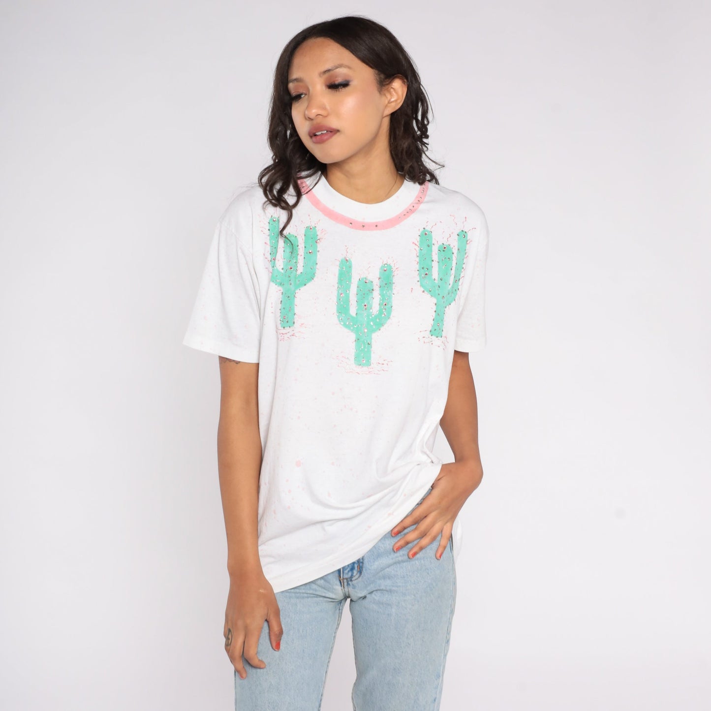 90s Saguaro Cactus Rhinestone Paint Splatter Graphic Tee White Medium