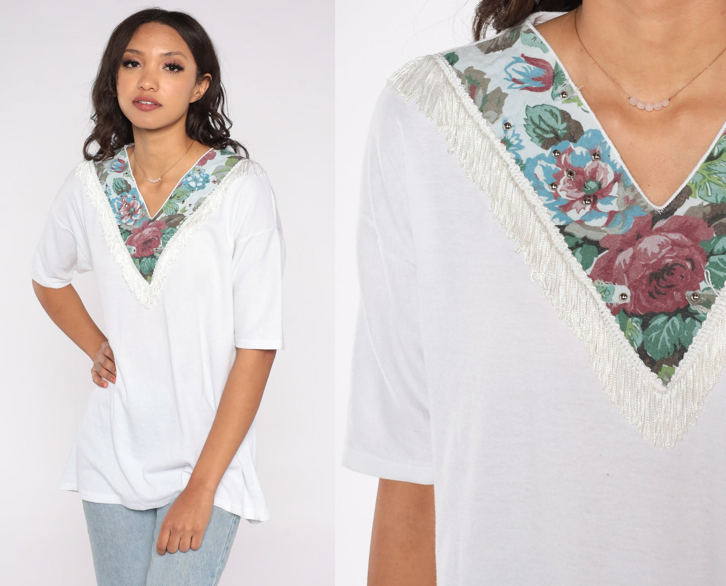 1990s Floral Studded Western Yoke T-Shirt White V-Neck Fringe Cowgirl Large