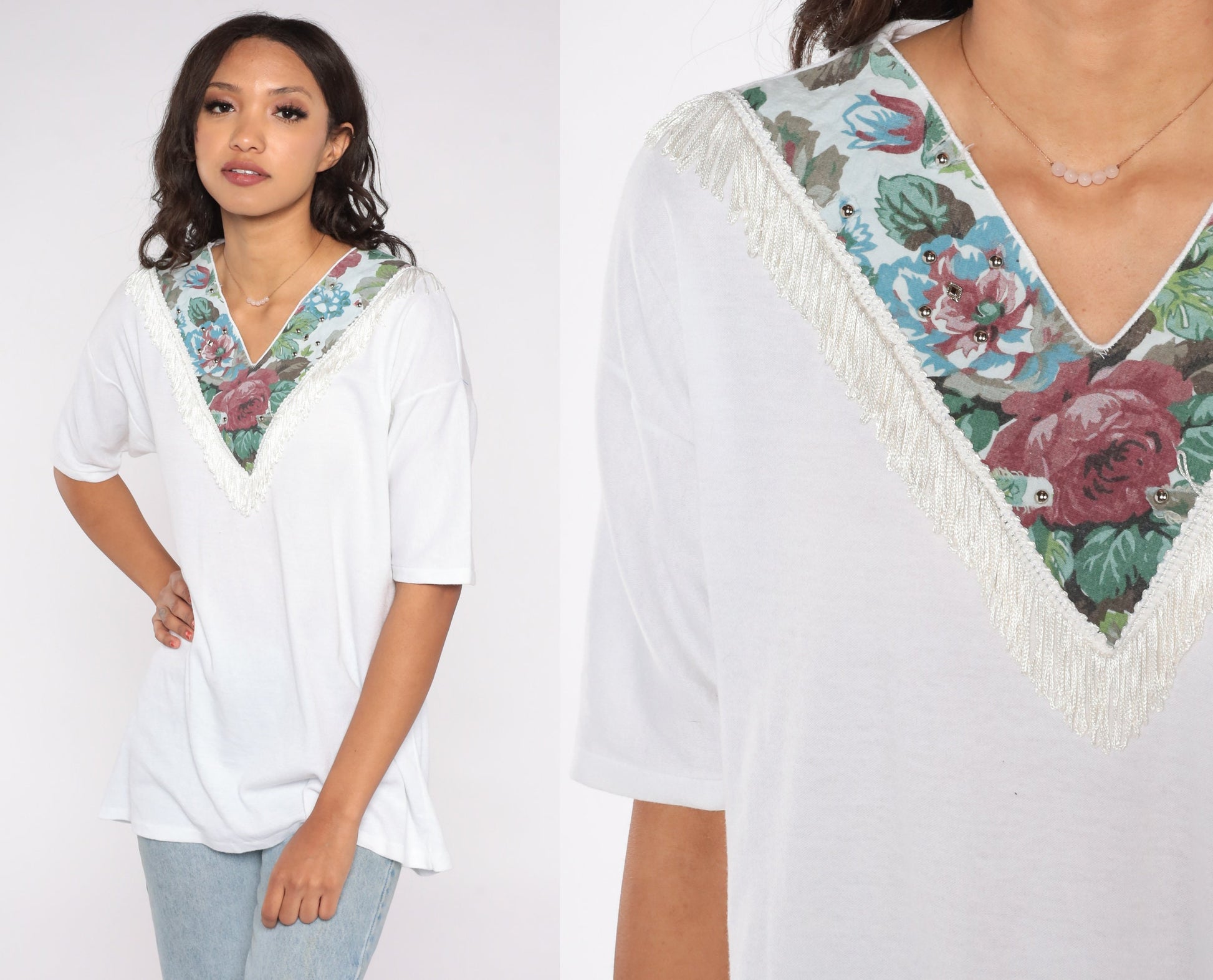 1990s Floral Studded Western Yoke T-Shirt White V-Neck Fringe Cowgirl Large