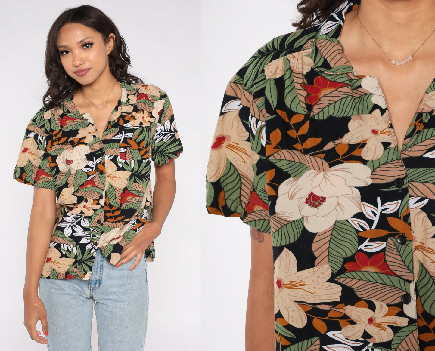 90s Tropical Floral Button Up Blouse Tan Leaf Print Short Sleeve Large L