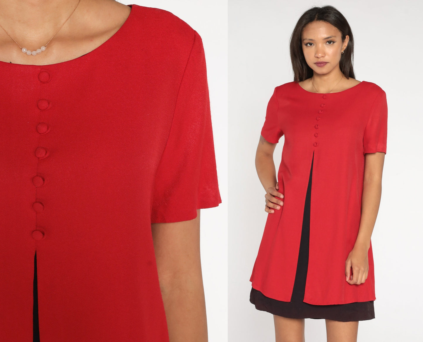 80s Jessica Howard Mini Dress Red Black Layered Button Up Short Sleeve Medium