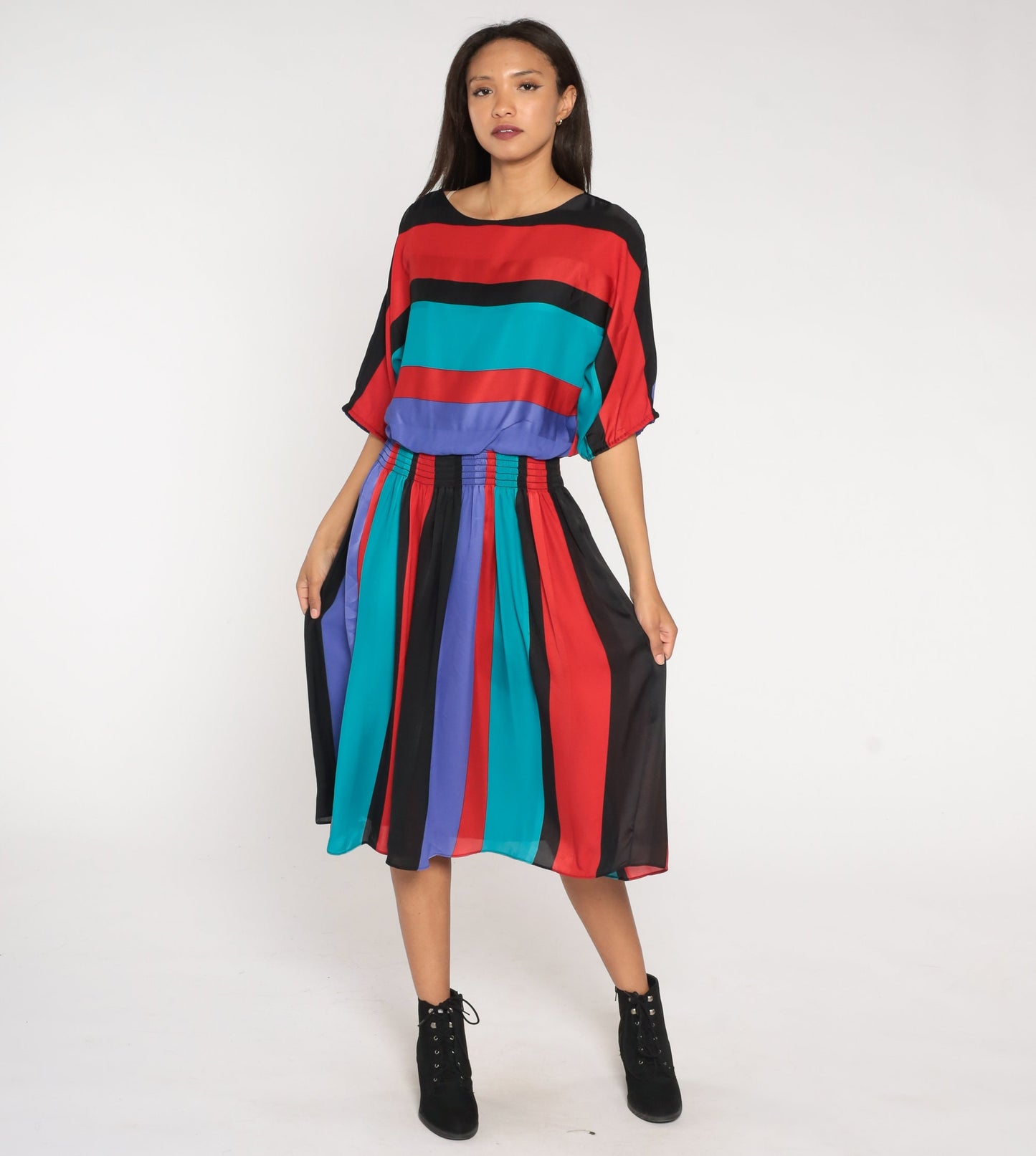 80s Striped Midi Dress Dolman Sleeve High Waist Red Purple Turquoise Medium