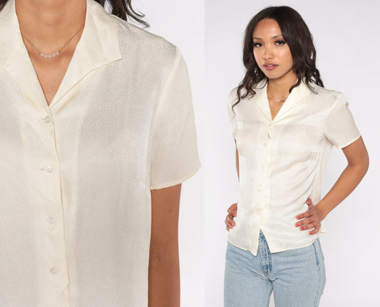 Y2K Liz Claiborne White Snakeskin Print Silk Blouse Short Sleeve Small
