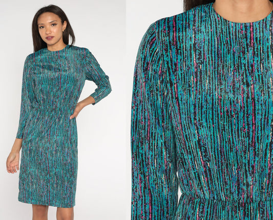 80s Turquoise Striped Midi Dress High Waist Long Sleeve Small S