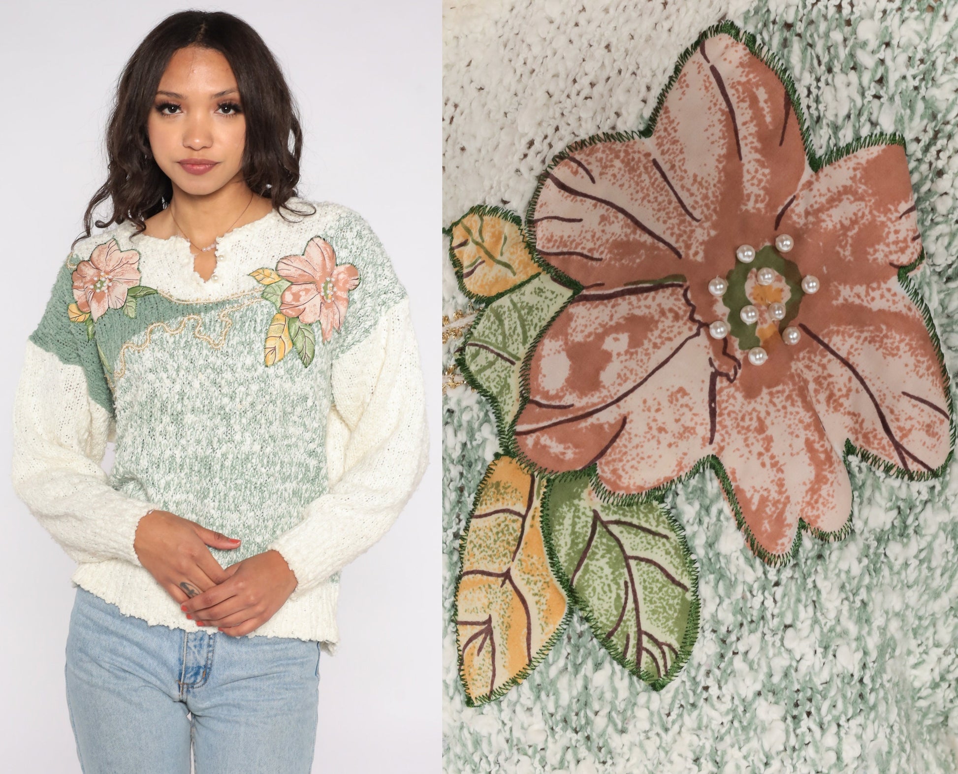 80s Floral Beaded Sweater Off-White Pearl Knit Pullover Large