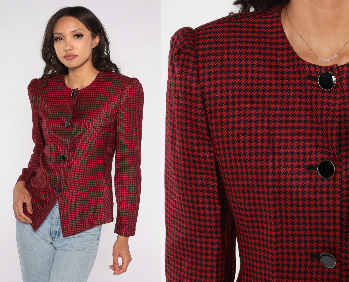 80s Worthington Red Black Houndstooth Blazer Puff Sleeve Tailored Medium