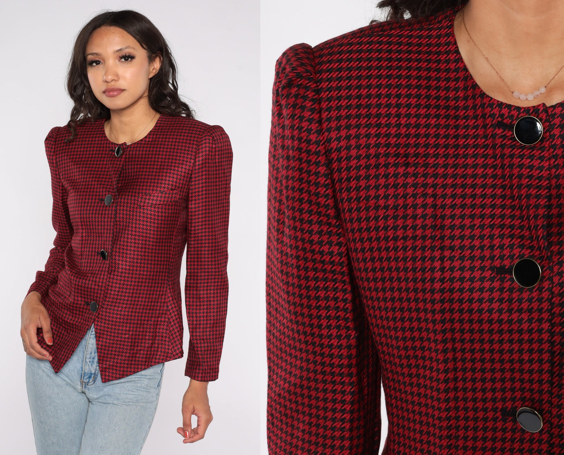 80s Worthington Red Black Houndstooth Blazer Puff Sleeve Tailored Medium