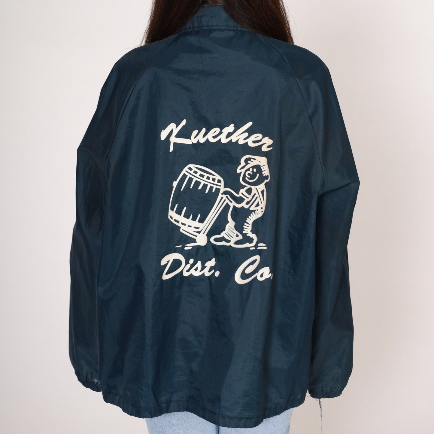 80s Kuether Distributing Co Windbreaker Jacket Navy Nylon Snap Raglan Large L