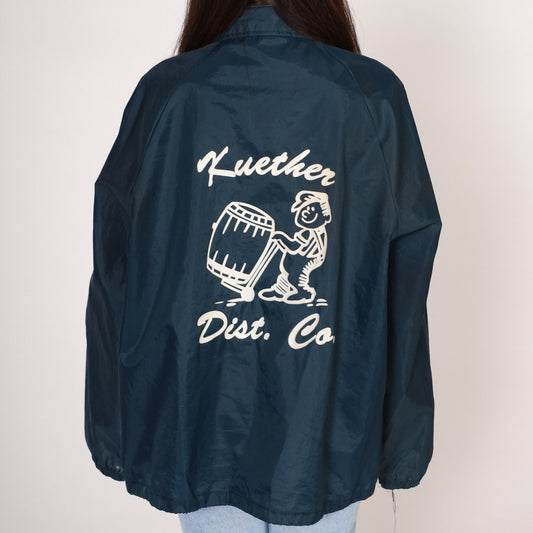 80s Kuether Distributing Co Windbreaker Jacket Navy Nylon Snap Raglan Large L