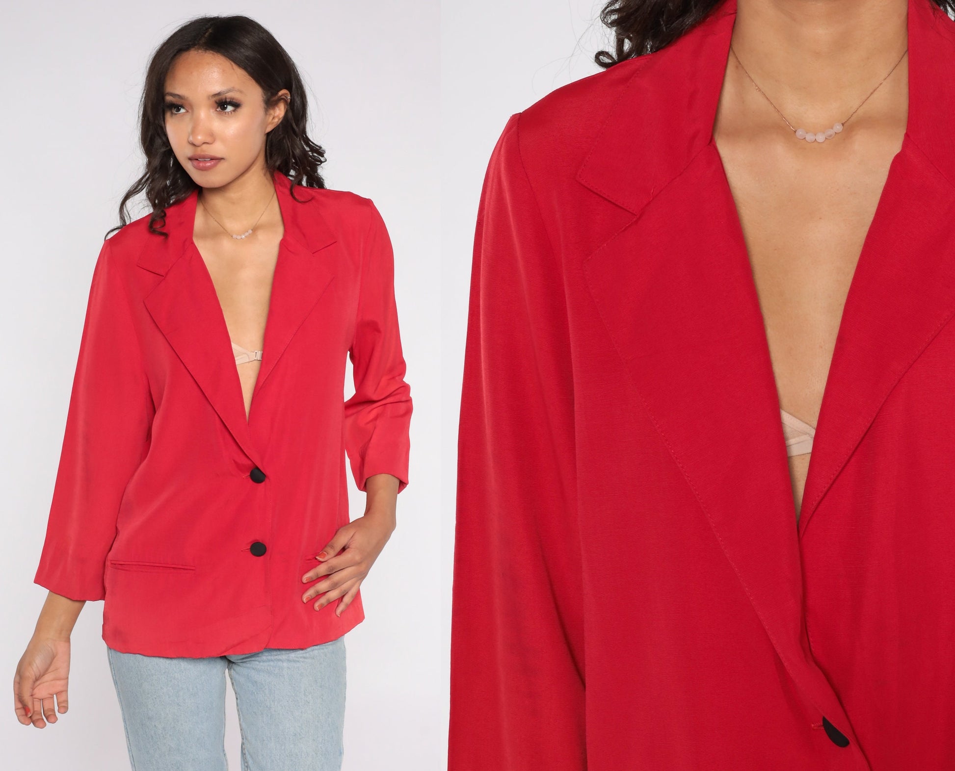 90s Casa Blanca Red Blazer Two Button Deep V Neckline Small 6