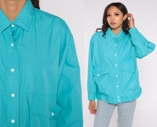 80s Koret Windbreaker Jacket Turquoise Blue Snap Button Large