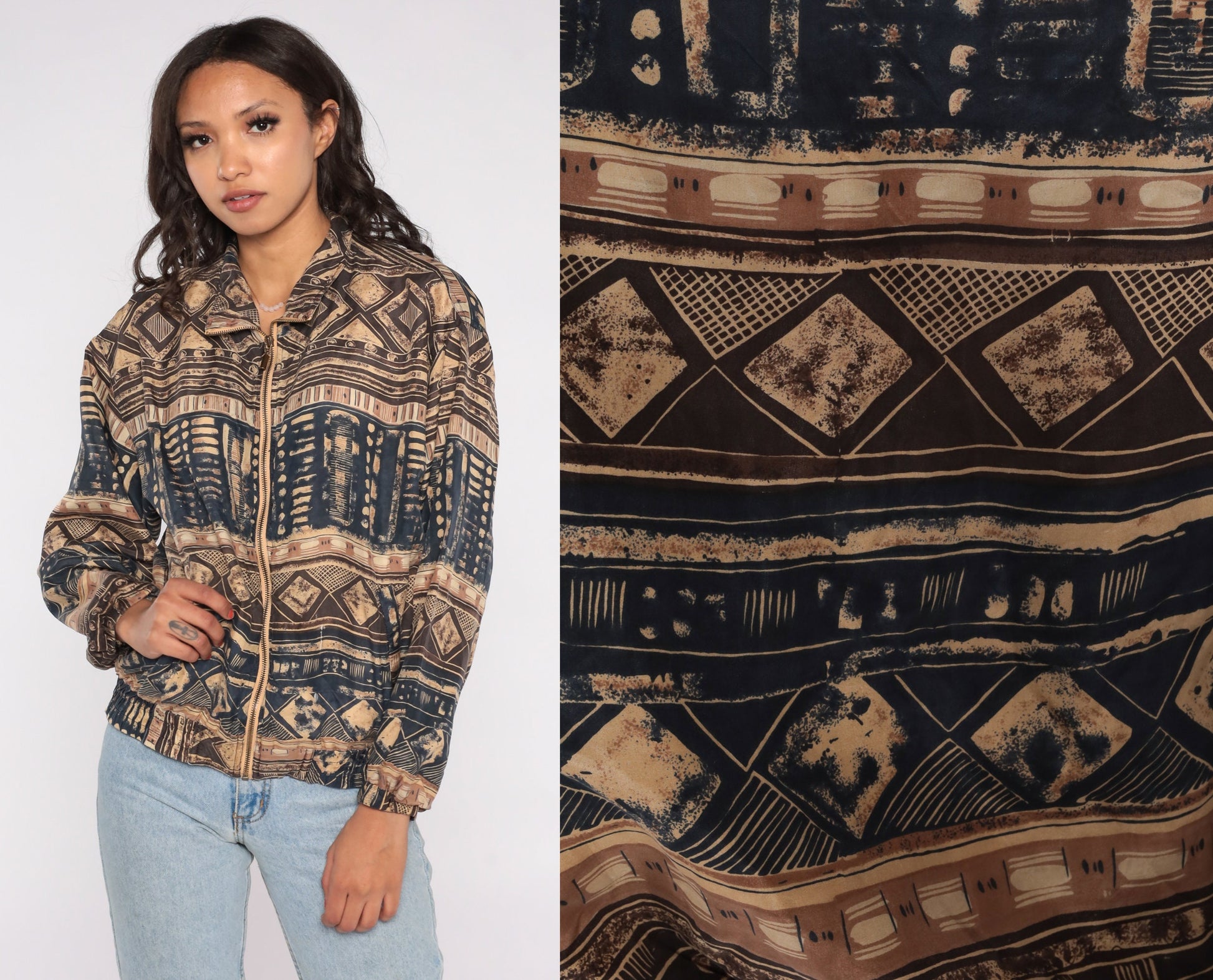 90s East West Silk Windbreaker Geometric Print Zip Jacket Small