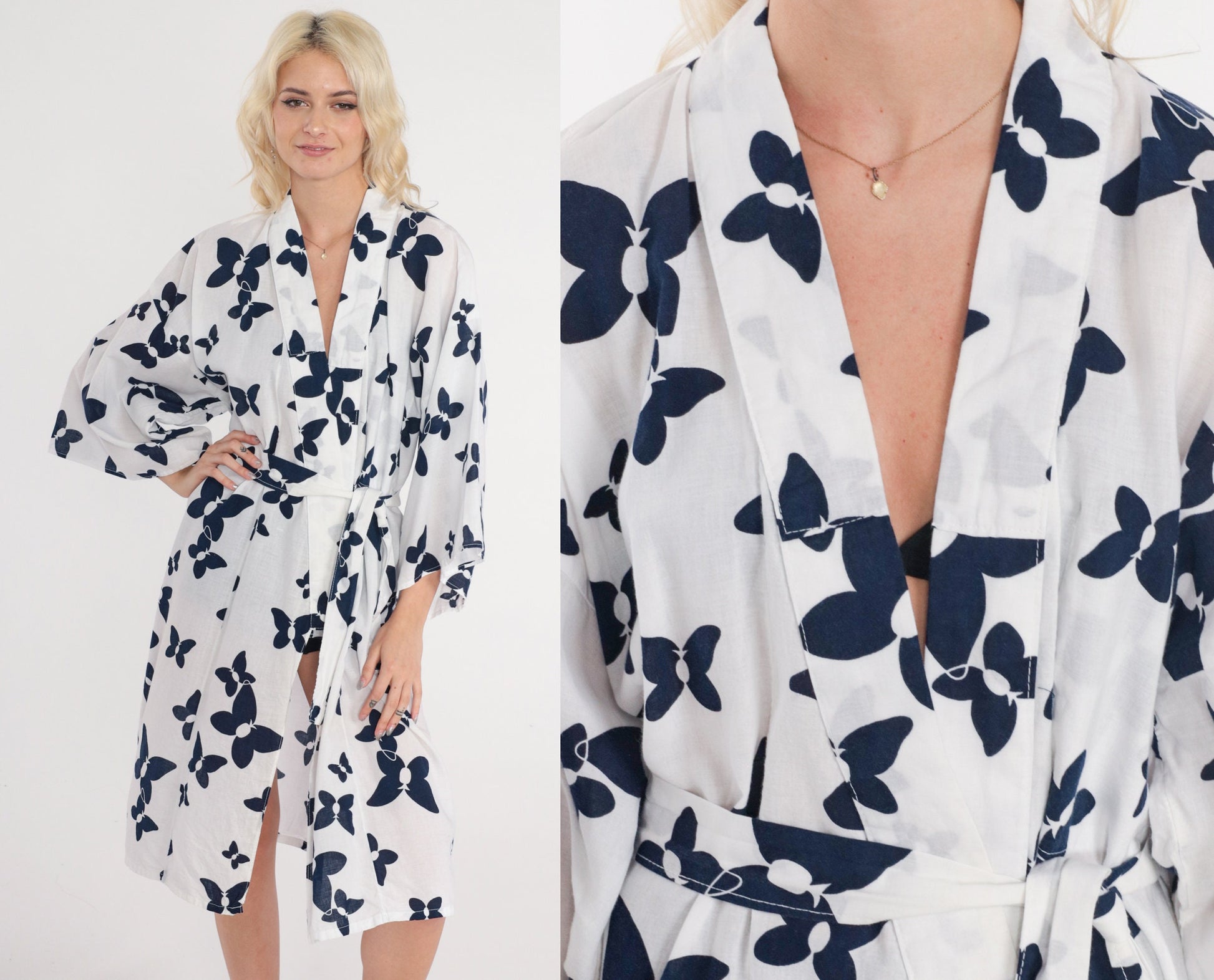 90s White Butterfly Kimono Robe Tie Front Cotton Mini Jacket Medium