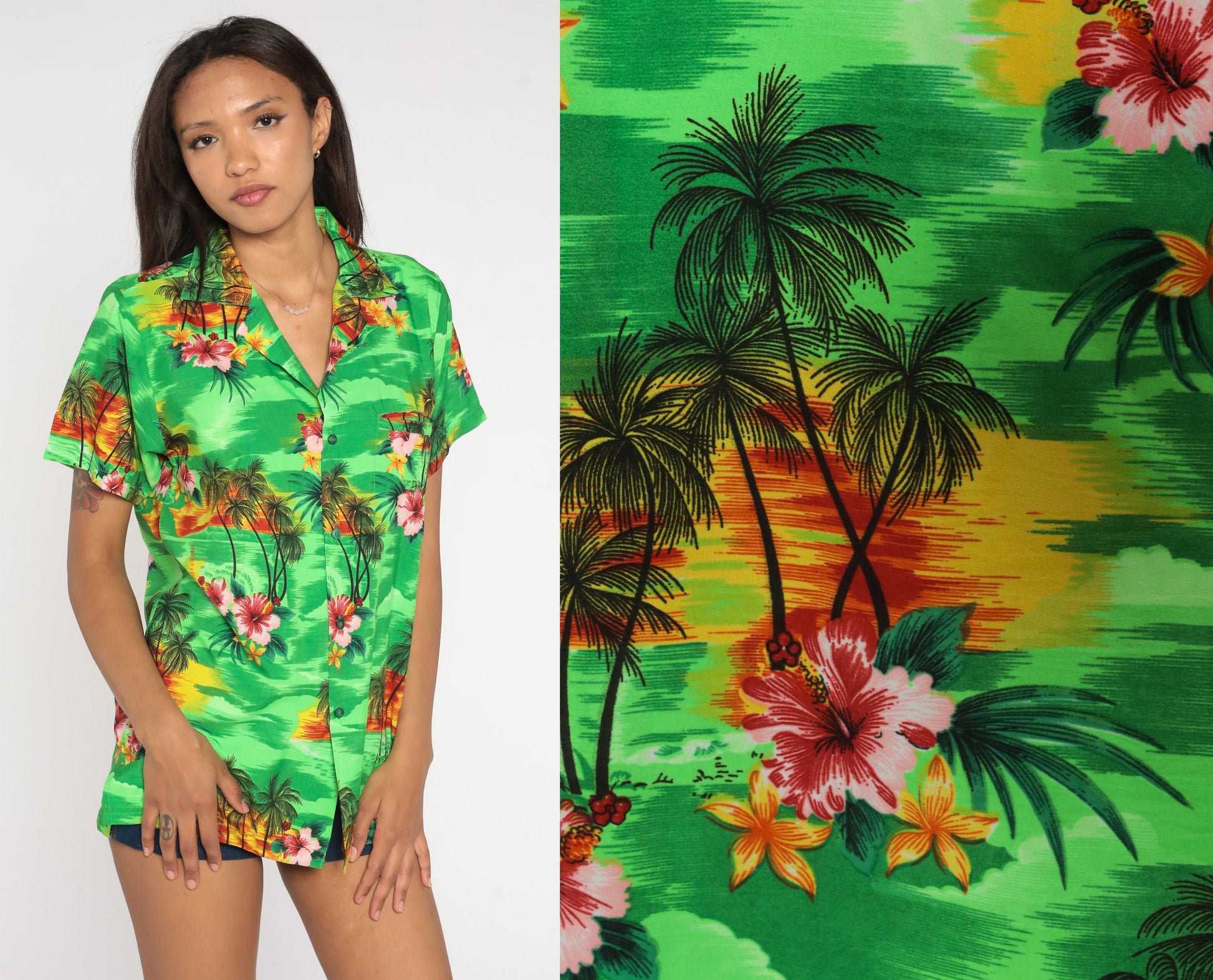80s Neon Green Tropical Floral Hawaiian Button-Up Shirt Palm Tree Print Medium