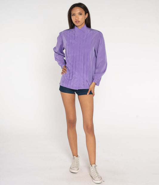 80s Purple Puff Sleeve Blouse Pleated Collared Button-Up Large 12