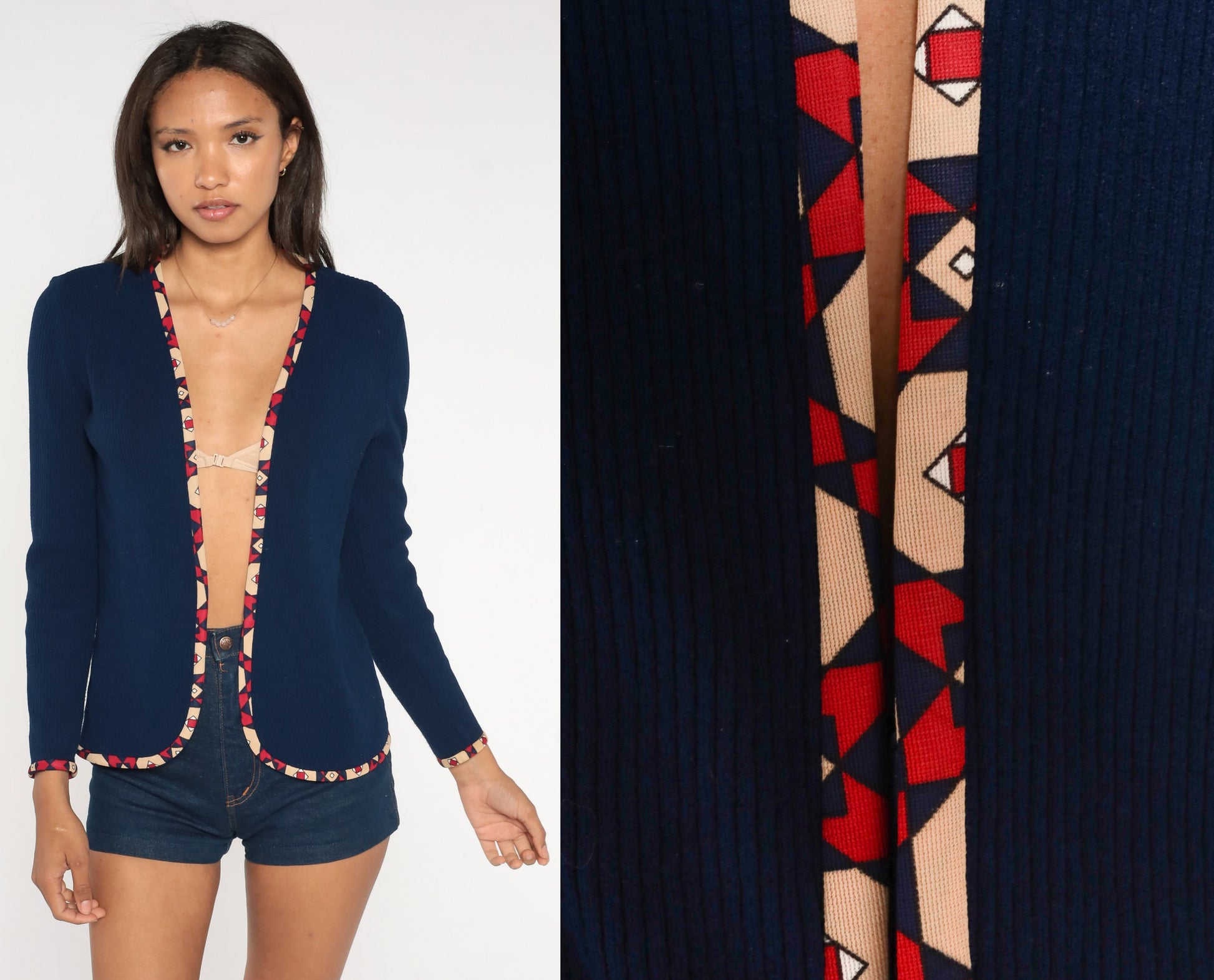 70s Navy Open Front Jacket Geometric Trim Lightweight Small