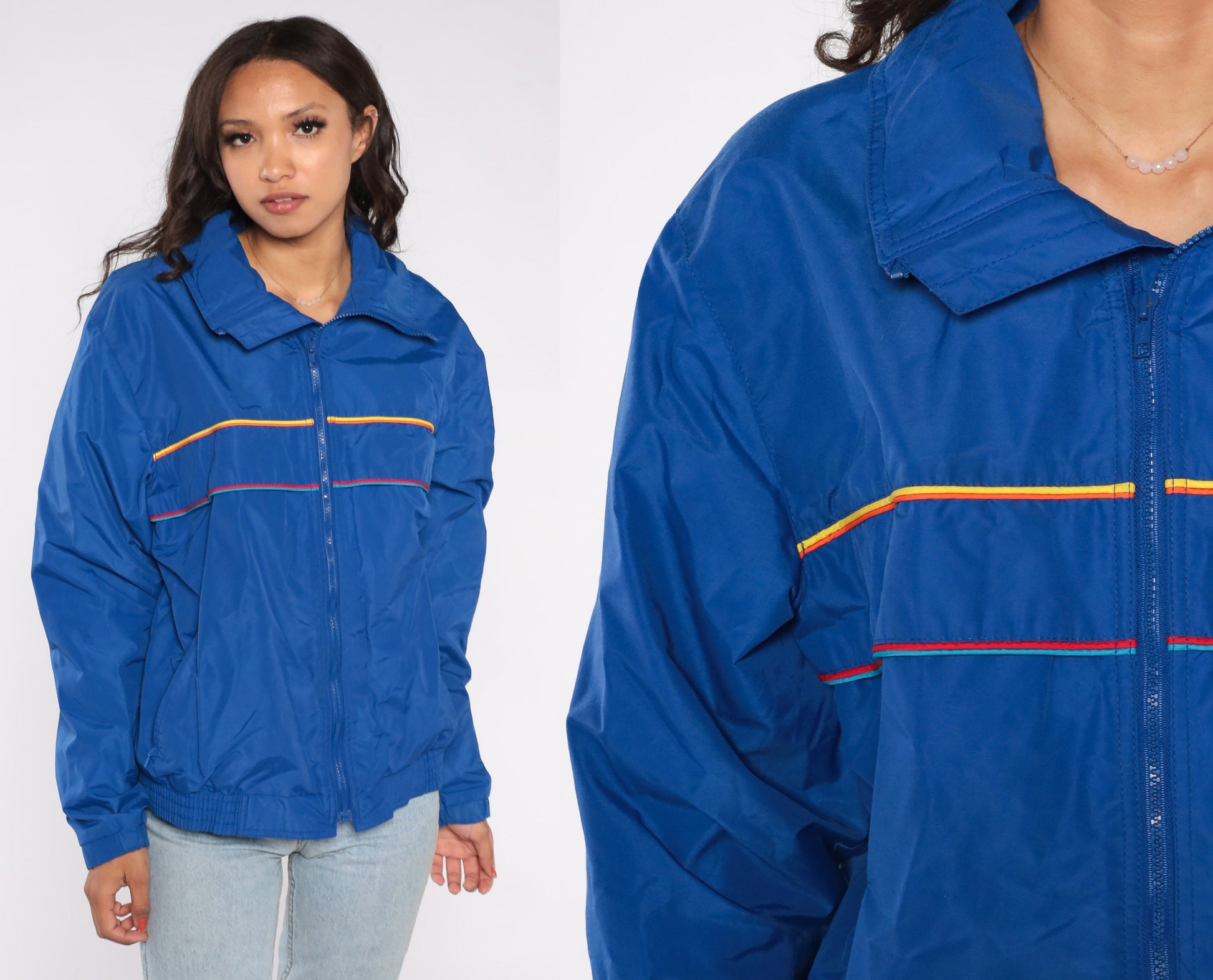 90s Blue Striped Windbreaker Jacket Zip Up Nylon Warmup Large