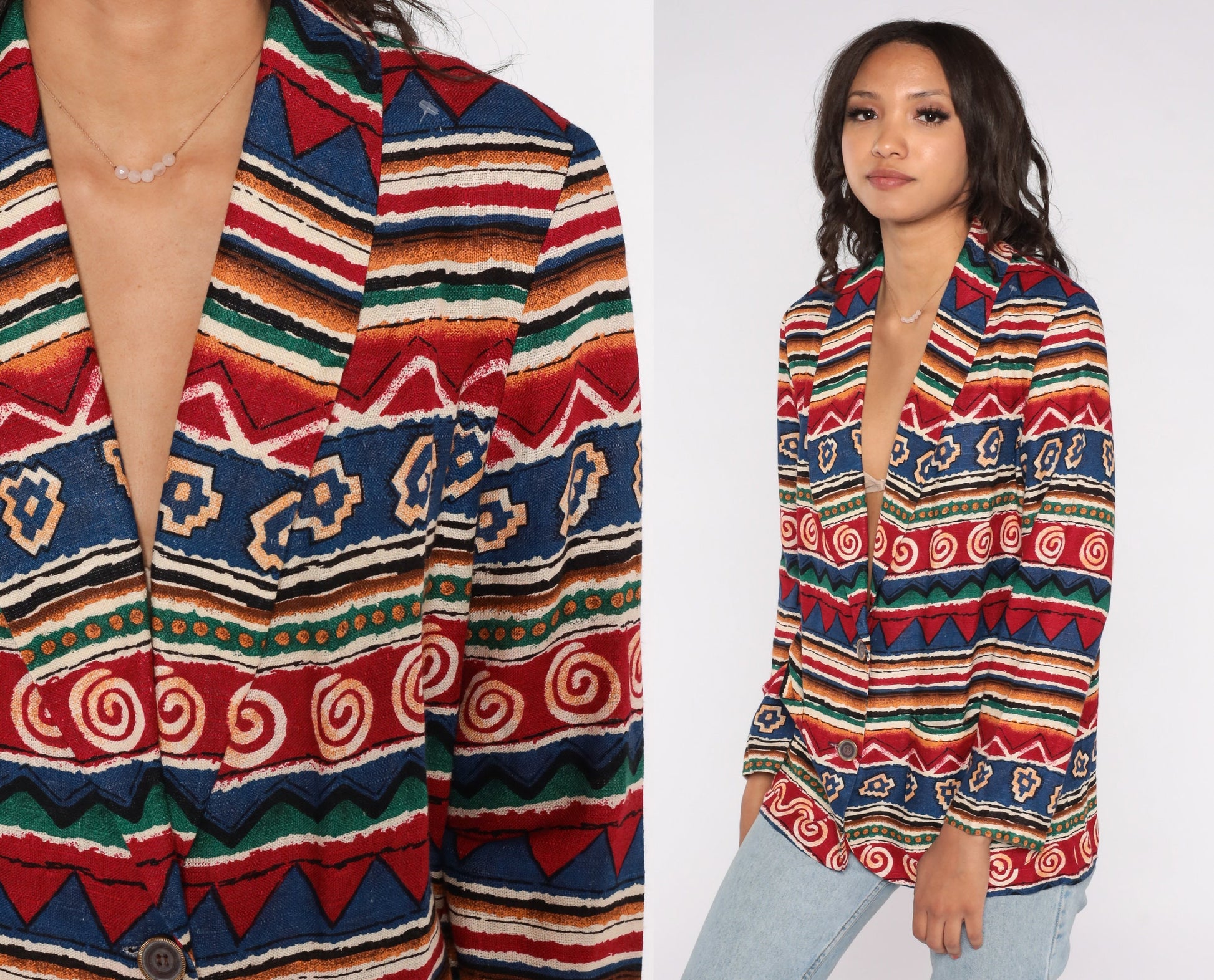 90s Southwestern Striped Blazer Red Blue Geometric Jacket Petite 8