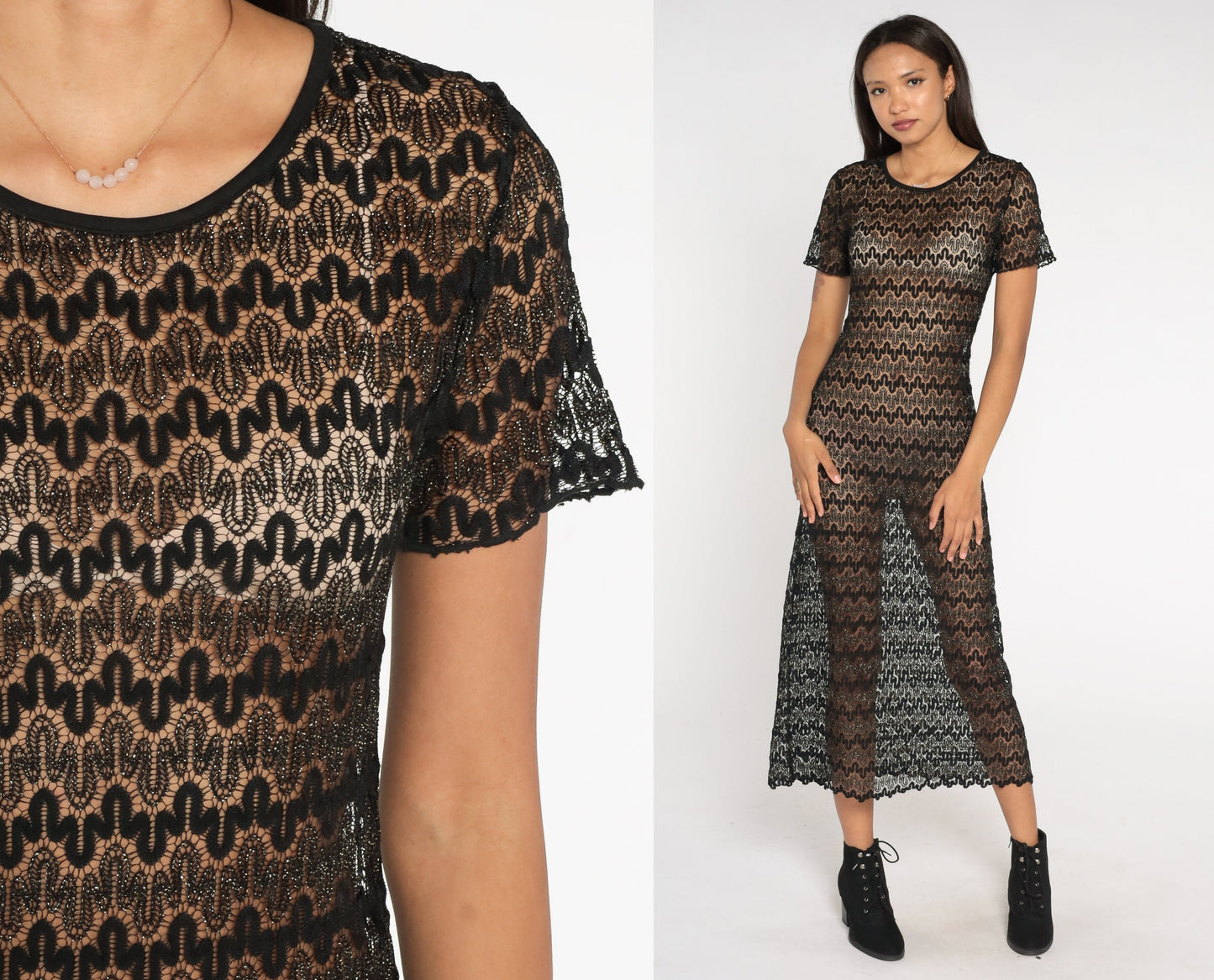 90s Black Metallic Lace Maxi Dress Short Sleeve Sheer Ankle Length Small