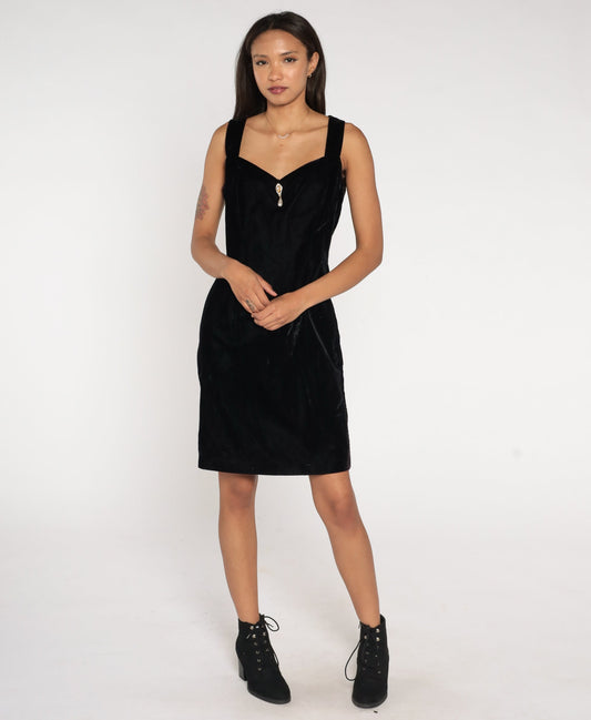 90s Jessica McClintock Black Velvet Mini Dress Beaded Sweetheart Neckline Medium