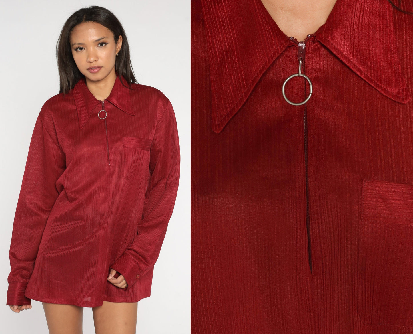 70s Burgundy Ring Pull Zip Shirt Dagger Collar Long Sleeve Extra Large