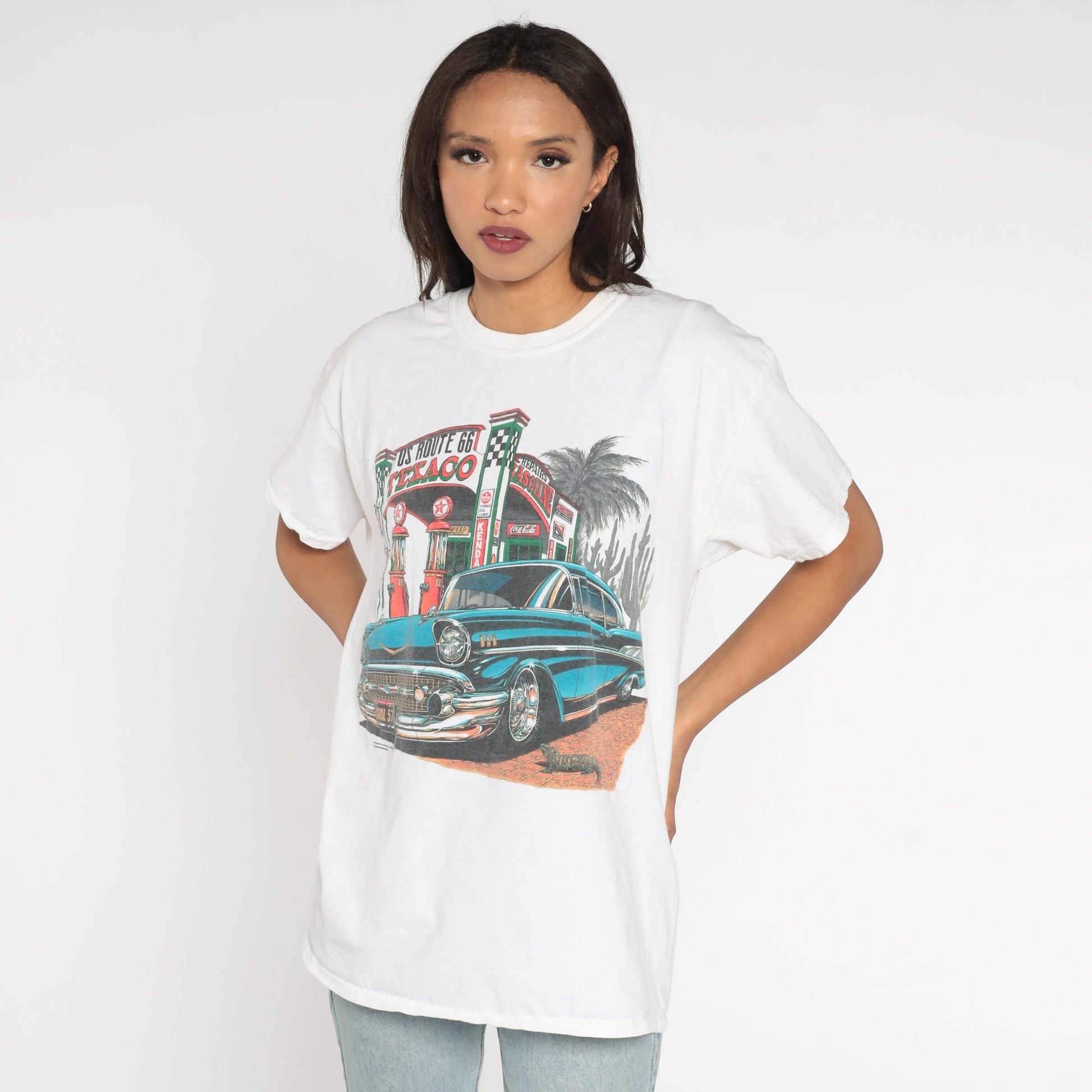 Y2K Route 66 Texaco Classic Car Graphic T-Shirt White Cotton Large L