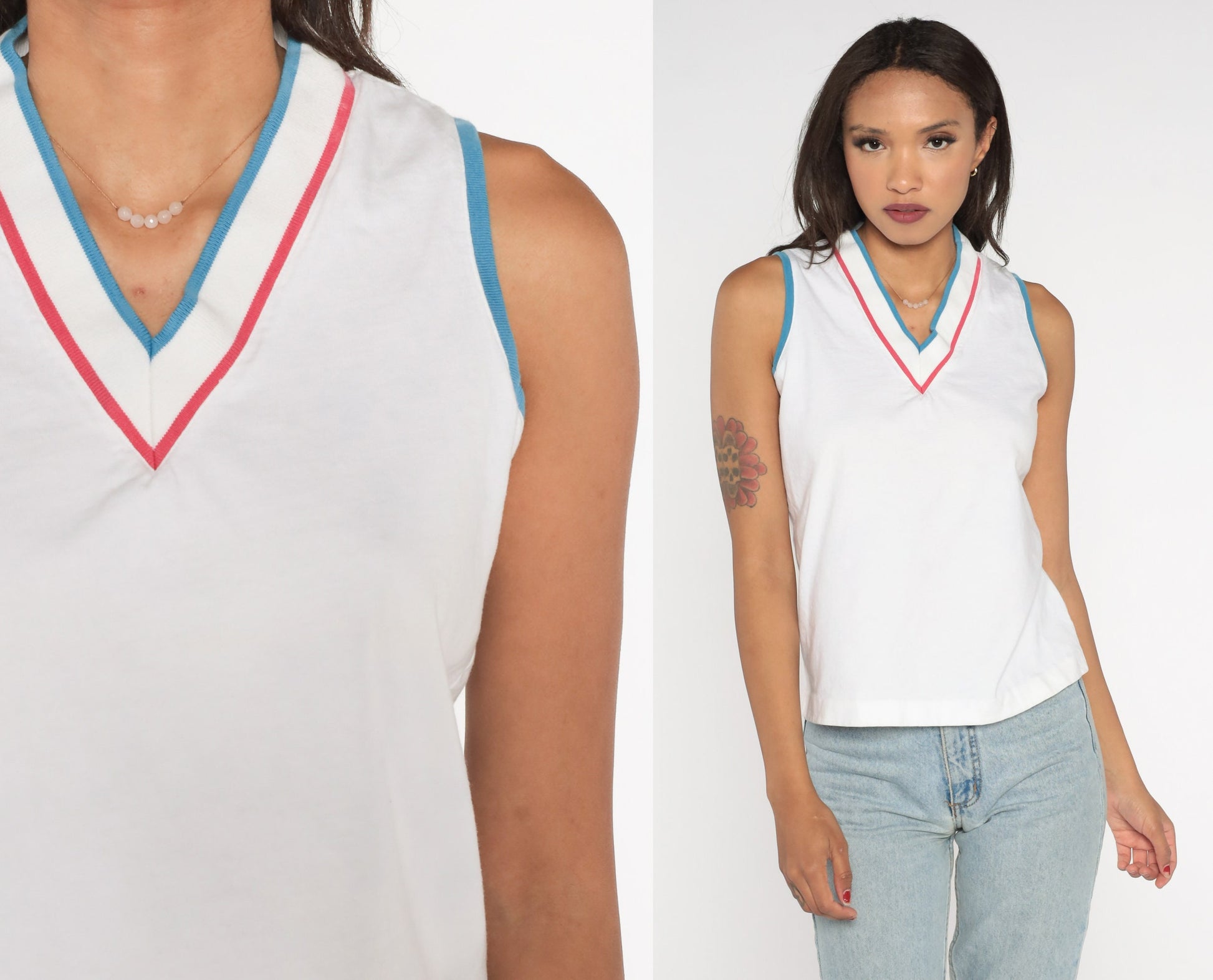 80s White Ringer Tank Top Red Blue Striped V-Neck Small