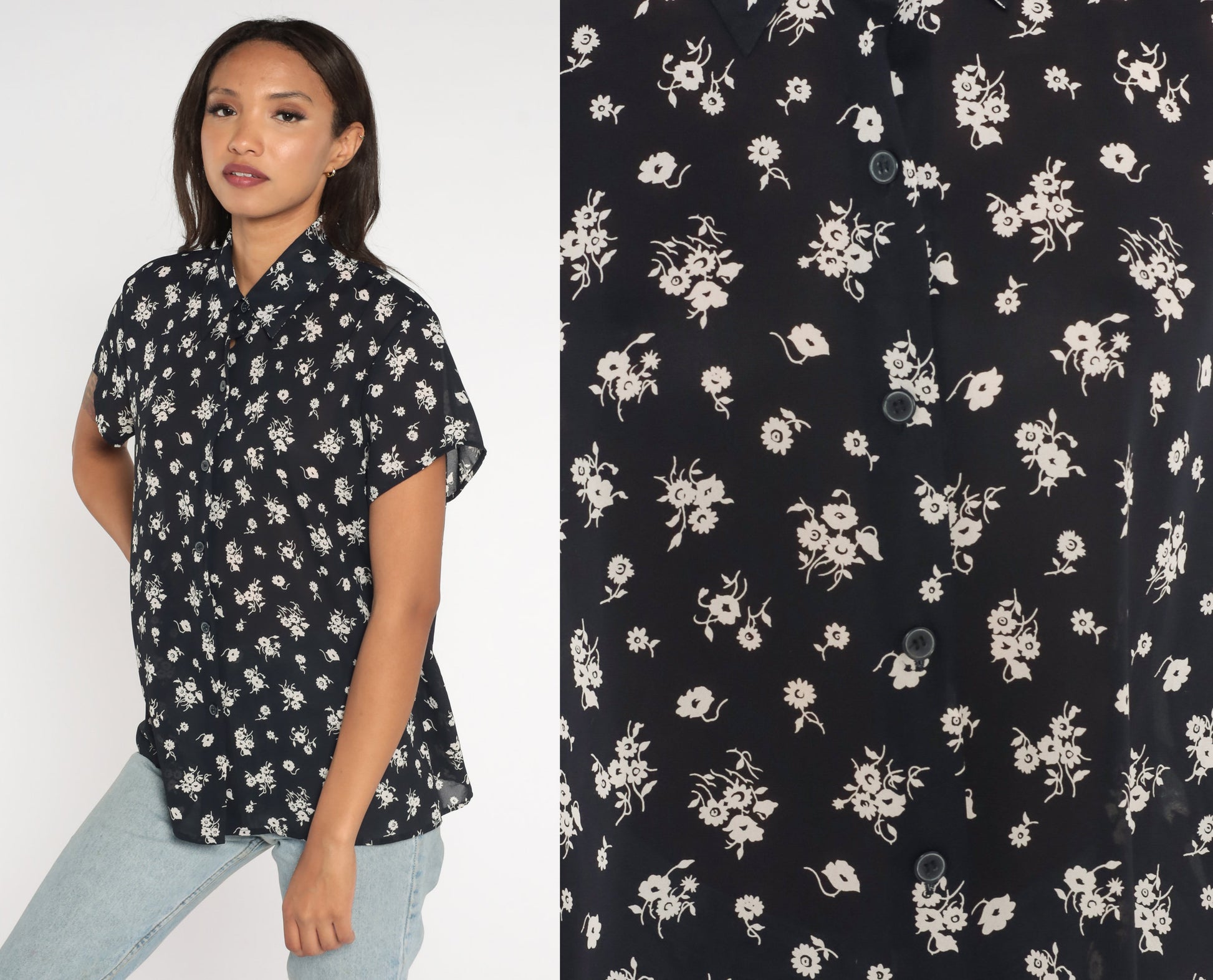 90s Chaus Black Floral Button-Up Blouse Short Sleeve Shirt Large L