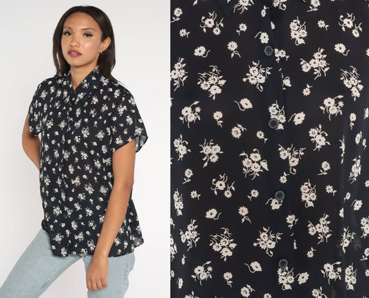 90s Chaus Black Floral Button-Up Blouse Short Sleeve Shirt Large L