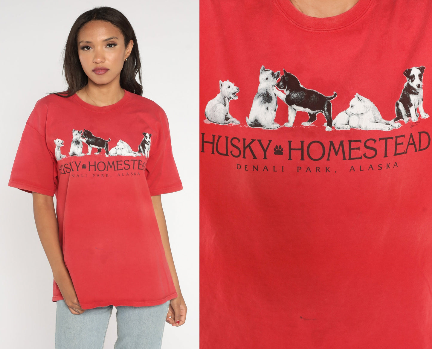 90s Husky Homestead Denali National Park Alaska Graphic Tee Red Large L