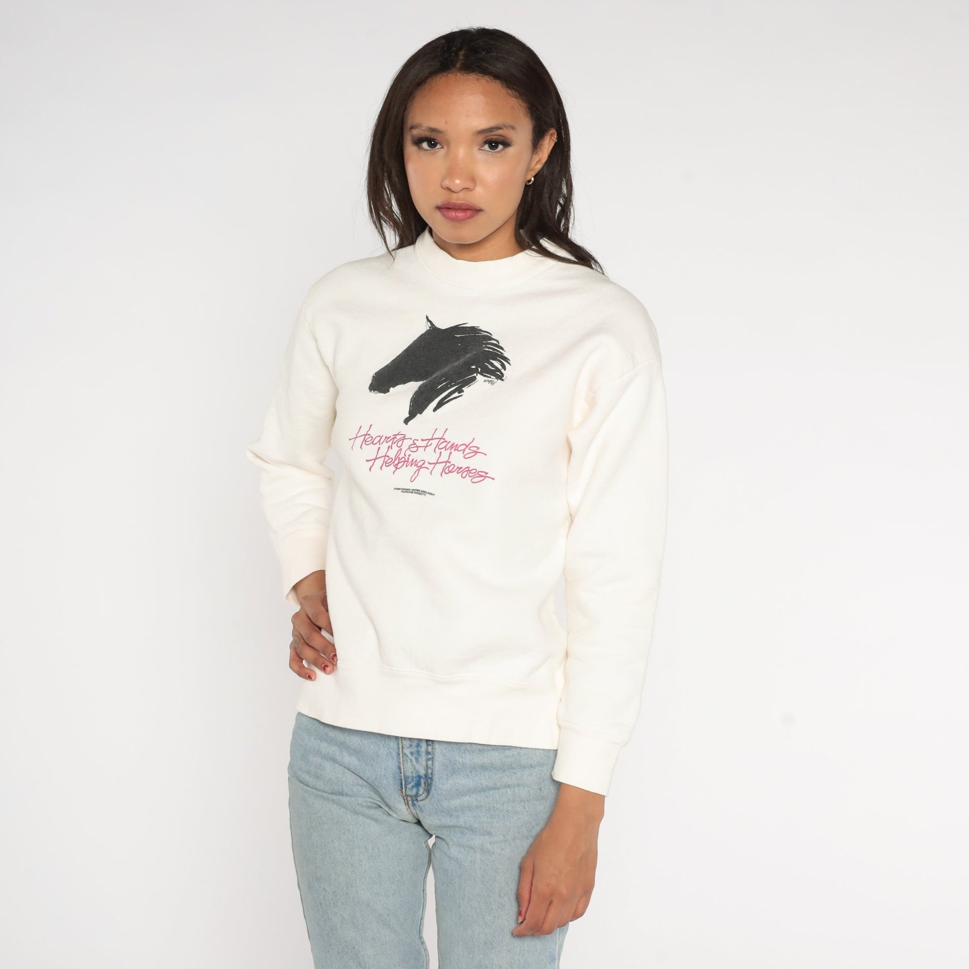 90s Hearts Hands Helping Horses Wisconsin Sweatshirt White Mock Neck Small