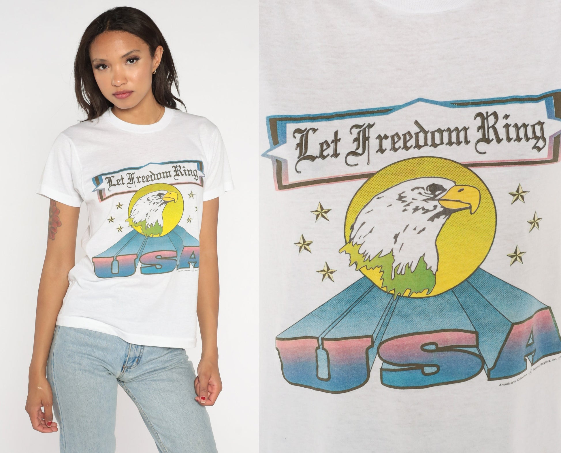 90s USA Bald Eagle Let Freedom Ring Patriotic Graphic Tee White Small