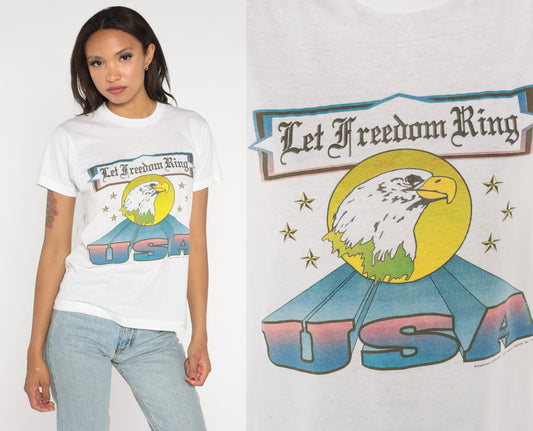 90s USA Bald Eagle Let Freedom Ring Patriotic Graphic Tee White Small