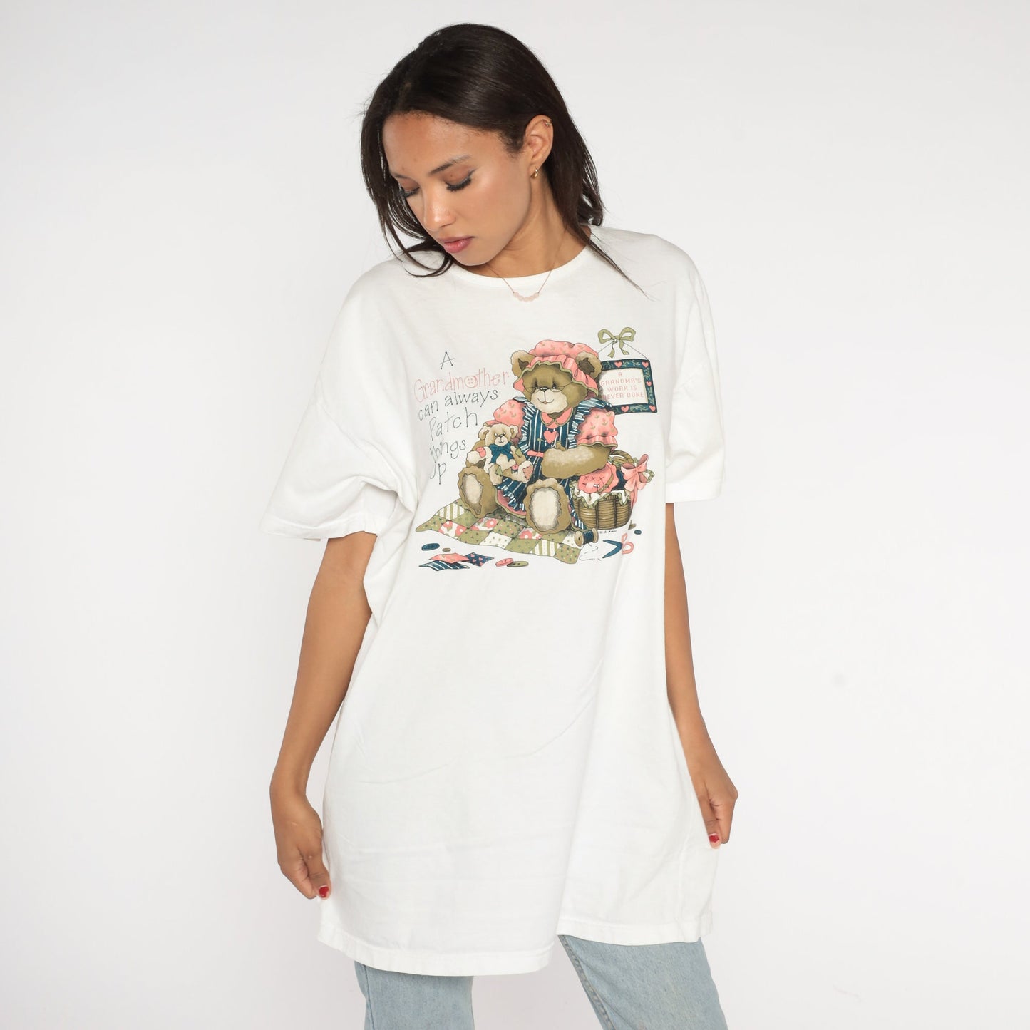90s Teddy Bear Sewing Graphic T-Shirt White Grandmother Patch Extra Large XL