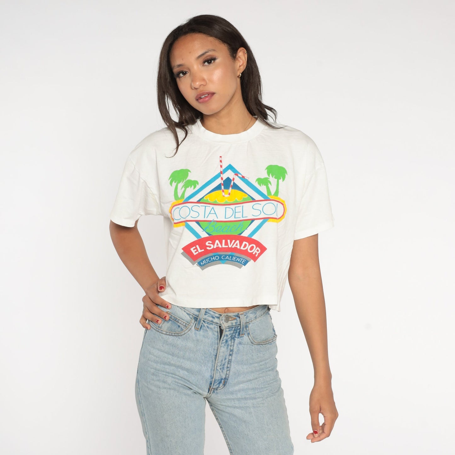 Y2K Costa Del Sol El Salvador Crop Top White Graphic Tee Small Medium